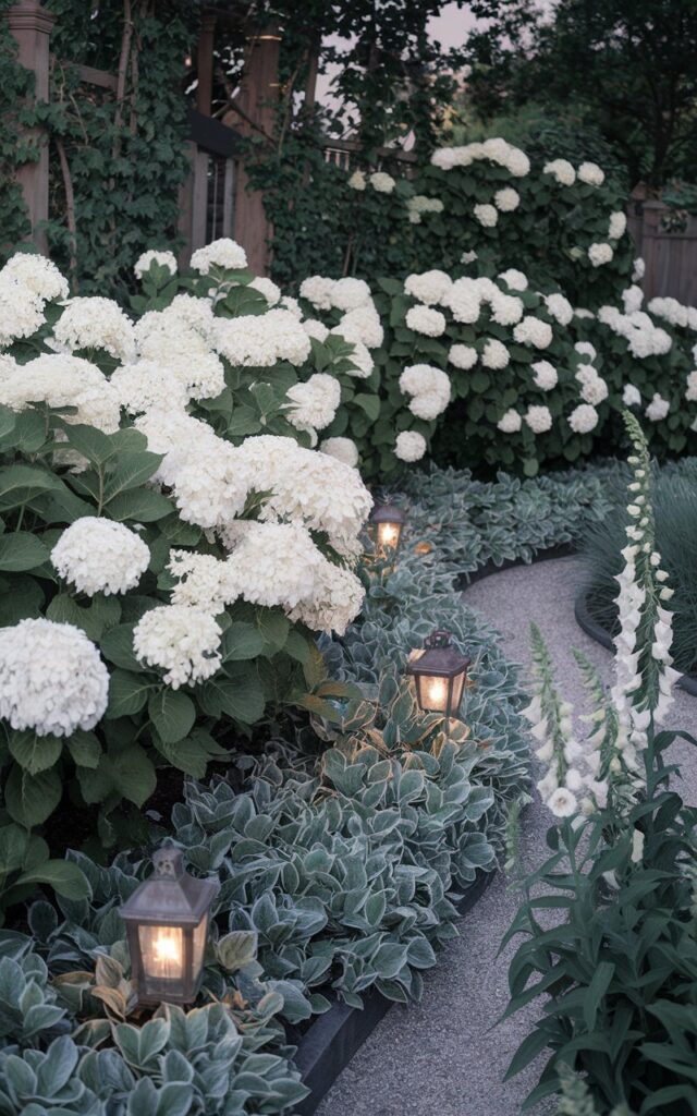 A photo of a monochromatic hydrangea garden with white blooms. The garden has Annabelle and Incrediball hydrangeas along a curved border. The large, snowball-like flowers contrast with the deep green foliage. The garden has silver-leafed lamb's ear and white foxgloves. There is a gravel walkway with vintage lantern-style lights. The overall scene has a moonlit softness. The garden offers a pure, serene atmosphere, blending classic romance with structured elegance.