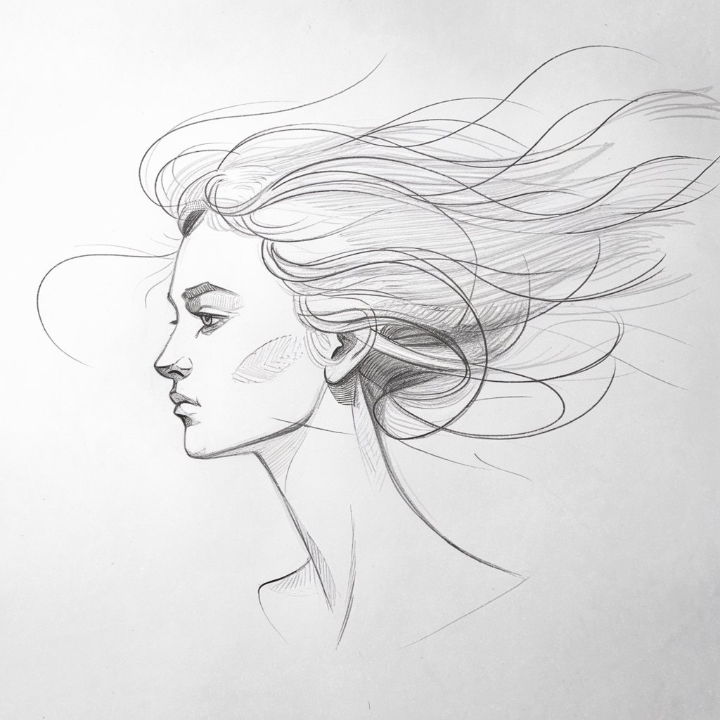 A pencil drawing of a side profile with flowing, windblown hair against a plain white background. The hair strands are sketched with loose, sweeping lines that trail behind the subject, each strand curling and overlapping naturally. The face is drawn in a stunning style, with soft lines indicating the forehead, nose, lips, and chin. The jawline is subtly shaded to suggest gentle contours, while the neck is lightly outlined. The hair, although free-flowing, maintains a directional rhythm, giving the drawing a sense of movement and grace. The entire composition is balanced and uncluttered.