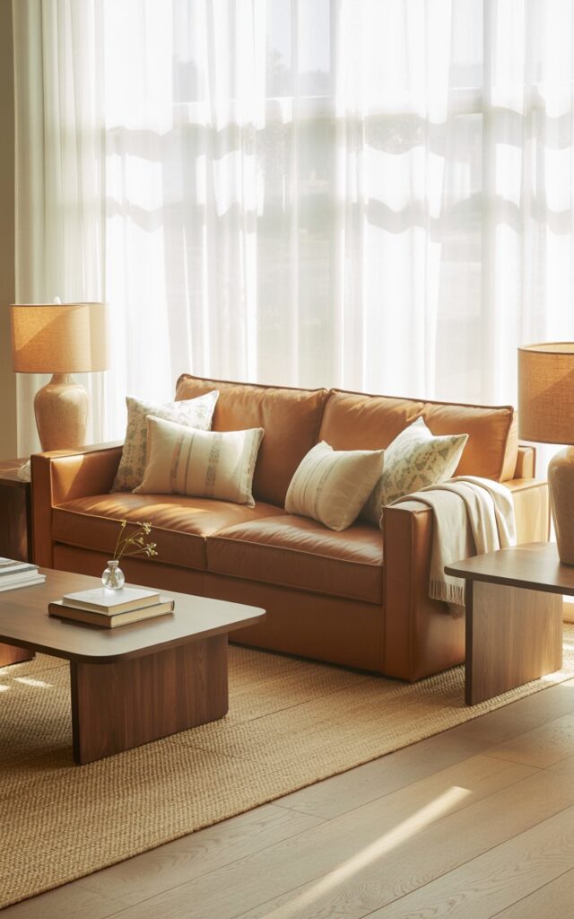 A photograph of a luxurious, tan suede couch taking center stage in a bright, sunlit living room. The couch is generously cushioned with several patterned pillows and a soft, cream-colored throw blanket draped casually over the back. Flanking the couch are low-profile walnut end tables each holding a ceramic lamp with a warm linen shade, while a matching coffee table in the center holds a stack of books and a small vase with a few sprigs of wildflowers. Soft, diffused sunlight streams through a large window, illuminating the wide-plank oak floors and the neutral wool rug, creating a serene and inviting atmosphere.