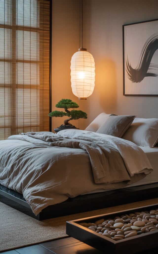A photograph of a serene Zen bedroom, centered around a low-profile bed adorned with layered organic cotton linens in shades of taupe and grey. The bed is softly illuminated by a hanging rice paper lantern, its warm glow reflecting on the smooth surface of a nearby sleek nightstand holding a carefully pruned bonsai tree. Bamboo blinds partially filter the natural light, highlighting the subtle texture of a shallow tray filled with smooth river stones and a single piece of brushstroke art hanging on the wall. The neutral color palette and minimalist decor cultivate a sense of peace and mindful tranquility.