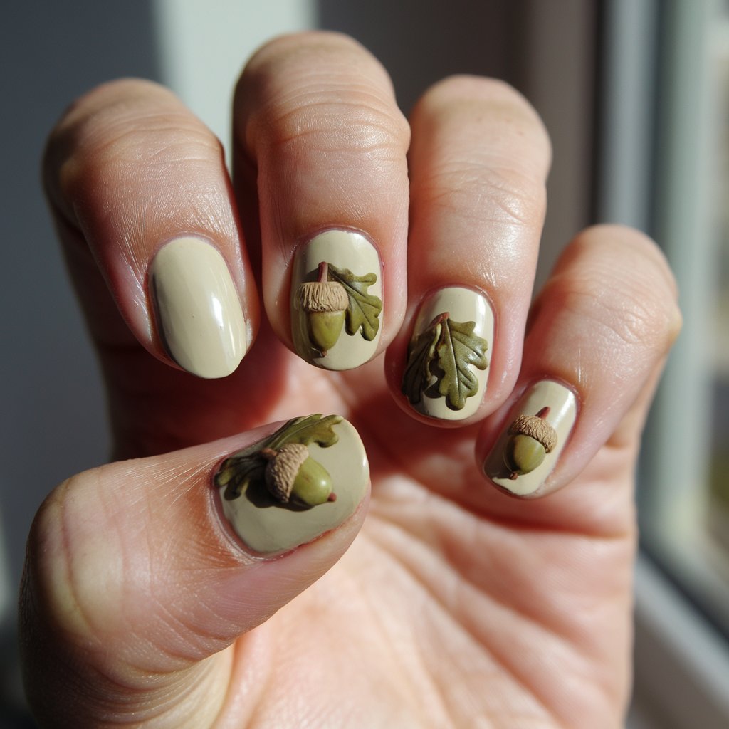 A photo of a woman's hand with five nails painted beige. Two of the nails have tiny, detailed acorns and oak leaves in muted greens and rich browns. The nails are round and medium length. The hand is in natural bright sunlight from a window. The background is blurry. The nails have a woodland feel.