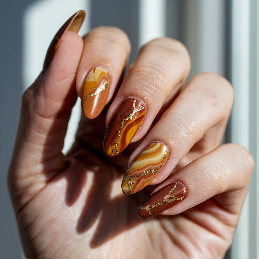 A close-up shot of a well-moisturized oily woman's hand with five fingers painted in a luxurious amber marble design. The nails blend honey, burnt orange, and chestnut swirls. Delicate gold veining traces through each nail, resembling a precious stone. The long almond-shaped nails gleam in the natural bright sunlight from a window in the background. The hand is in a relaxed pose, palm down, perfectly showcasing the gemstone-inspired Thanksgiving nails that feel both opulent and earthy.
