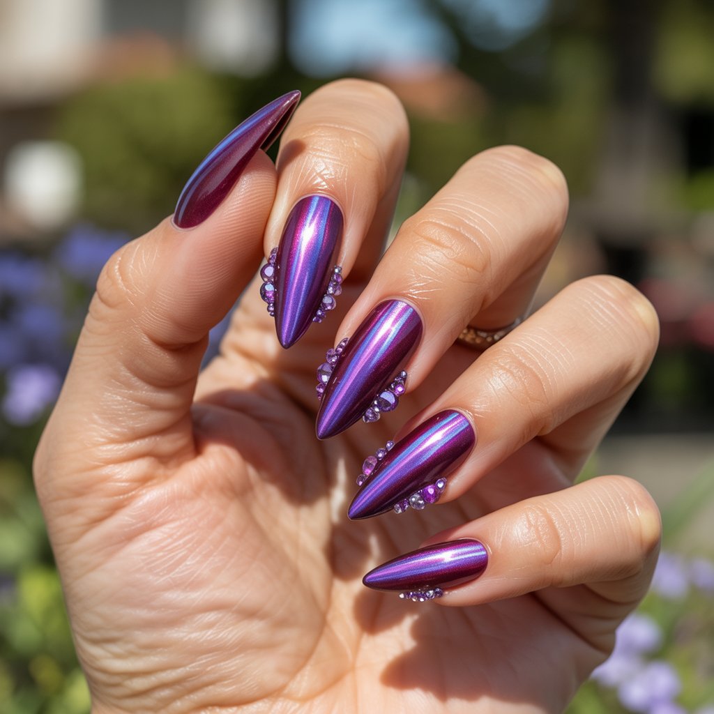 A macro photograph showcasing a single, elegantly moisturized woman's hand with five fingers adorned with striking cat eye nails. The stiletto-shaped nails display a rich purple base with magnetic beams in lavender and plum, shimmering with a jewel-like luster, and tiny violet crystals cluster at the cuticles. The hand rests in a relaxed pose against a blurred backdrop of a sun-drenched garden, highlighting the vivid jewel tones and magnetic shimmer of the manicure, bathed in soft, natural light. The luminous, hydrated skin and meticulously cared-for cuticles complete the luxurious, crystal-chic aesthetic, emphasizing the polished and refined details of the manicure.