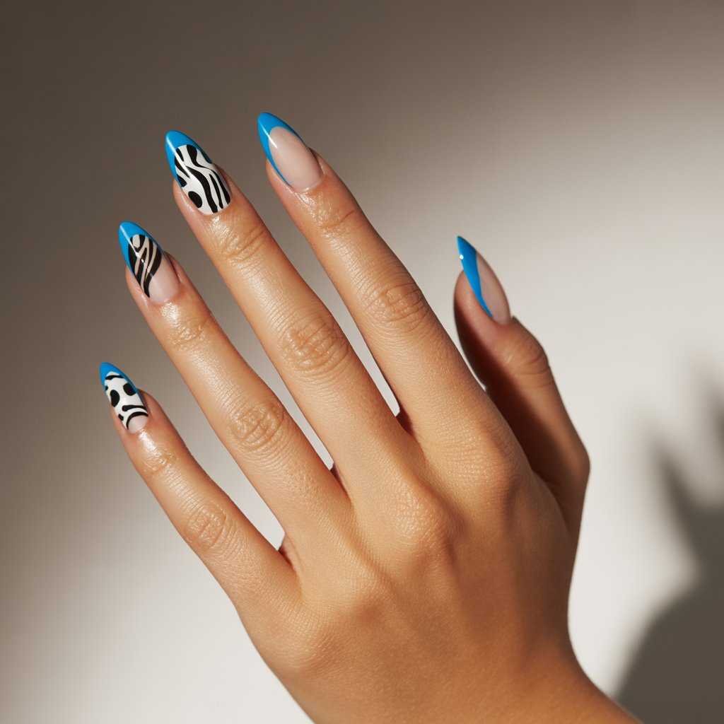A close-up studio photograph showcases a woman's hand, the sole focus, adorned with meticulously crafted stiletto nails featuring a bold design. Each of the five fingers displays French tips in a striking electric blue, playfully layered with crisp, contrasting accents of black and white zebra and leopard print patterns. The hand rests gently against a soft, diffused natural light backdrop, emphasizing the glossy skin and the vibrant nail art, creating a confident and relaxed pose. The background is a gradient of warm beige tones, subtly blurred to ensure the viewer's attention remains captivated by the detailed and expressive hand.