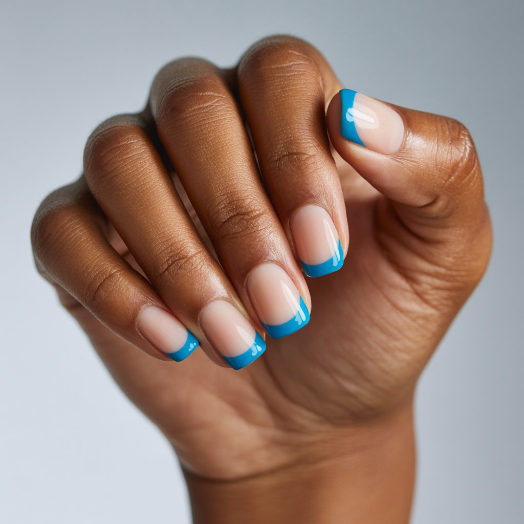 A close-up studio portrait captures a well-moisturized Black woman’s hand, the sole focus of the image. Her hand, held gently in a relaxed pose with fingers slightly curved, displays five perfectly styled nails featuring crisp, clean French tips in a vibrant “aqua blue” shade against a sheer nude base. Soft, diffused window light illuminates the luminous skin and glossy nail finish, highlighting the sharp contrast and creating a clean, modern aesthetic. The background is a seamless, soft gray gradient that subtly blurs, ensuring all attention remains on the elegant detail of the manicure.
