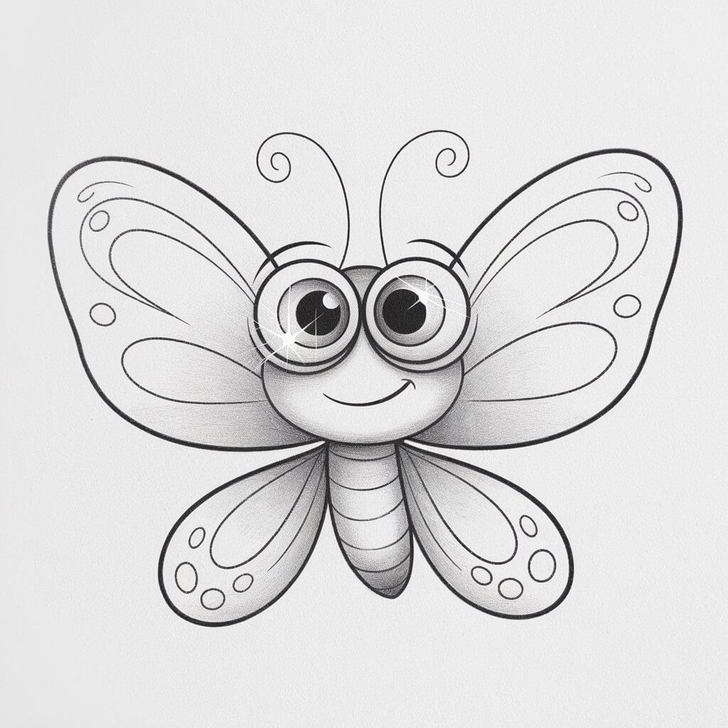A minimalist, plain white background pencil drawing illustration of a cartoon-style butterfly with oversized eyes and a playful expression. The butterfly is drawn in a simplistic style, with smooth, exaggerated wings and rounded edges. Its large circular eyes dominate the face, each with a glint of light. A small curved smile is sketched beneath, and the body is short and slightly chubby. The wings feature minimal decoration—just a few soft loops and dots. The whole composition is cheerful and lighthearted, full of personality with very few lines.