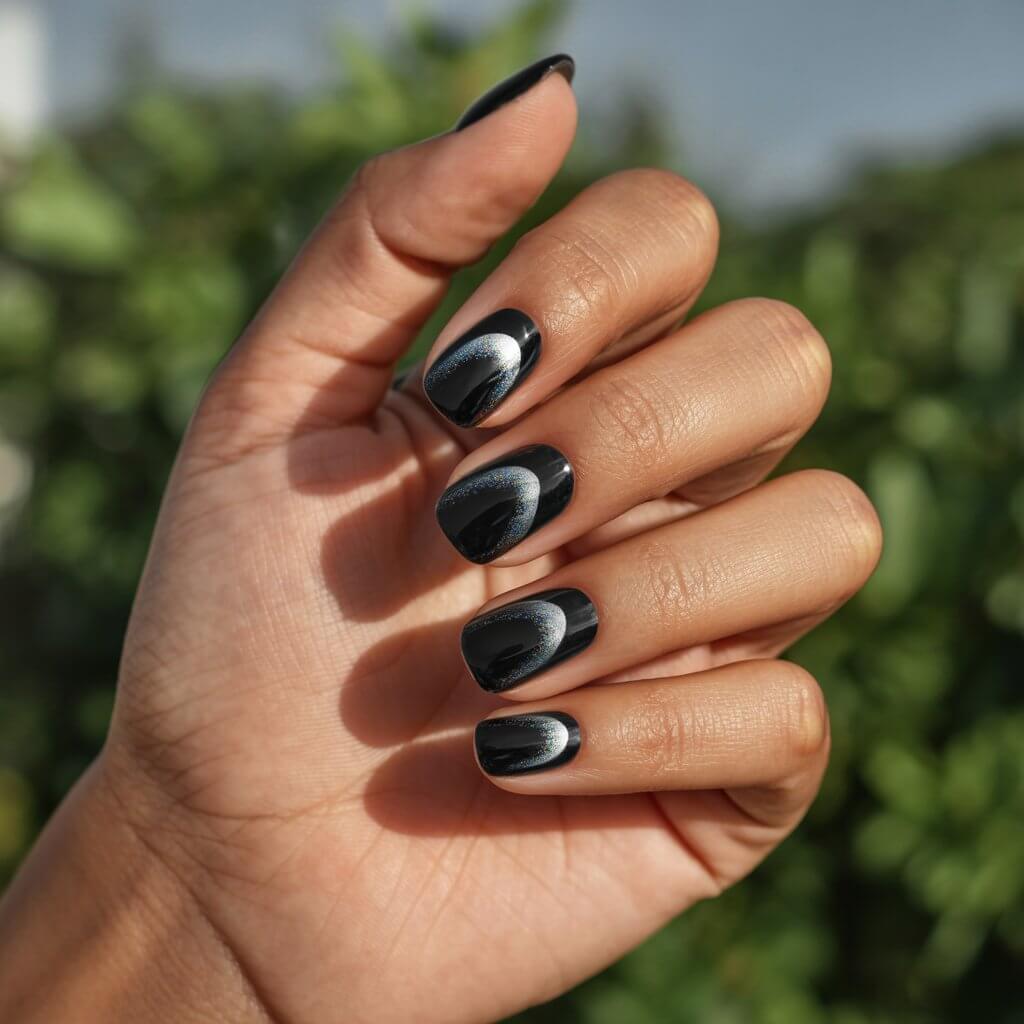 A striking close-up photograph captures a single, well-moisturized hand adorned with dramatic black cat eye nails featuring a mesmerizing silver halo shimmer. The medium-length, square-shaped nails boast an inky black base and a silver magnetic stripe arcing subtly through each, creating a bold yet refined contrast. Resting naturally with slightly curved fingers against a softly blurred outdoor backdrop of lush greenery, the hand is illuminated by bright, diffused sunlight causing the cat eye shimmer to gleam like moonlight on a dark sky, enhancing the mysterious and edgy feel. The skin shines with a healthy gloss, highlighting the intricate details of the nail design and grounding the composition in a sense of understated elegance.