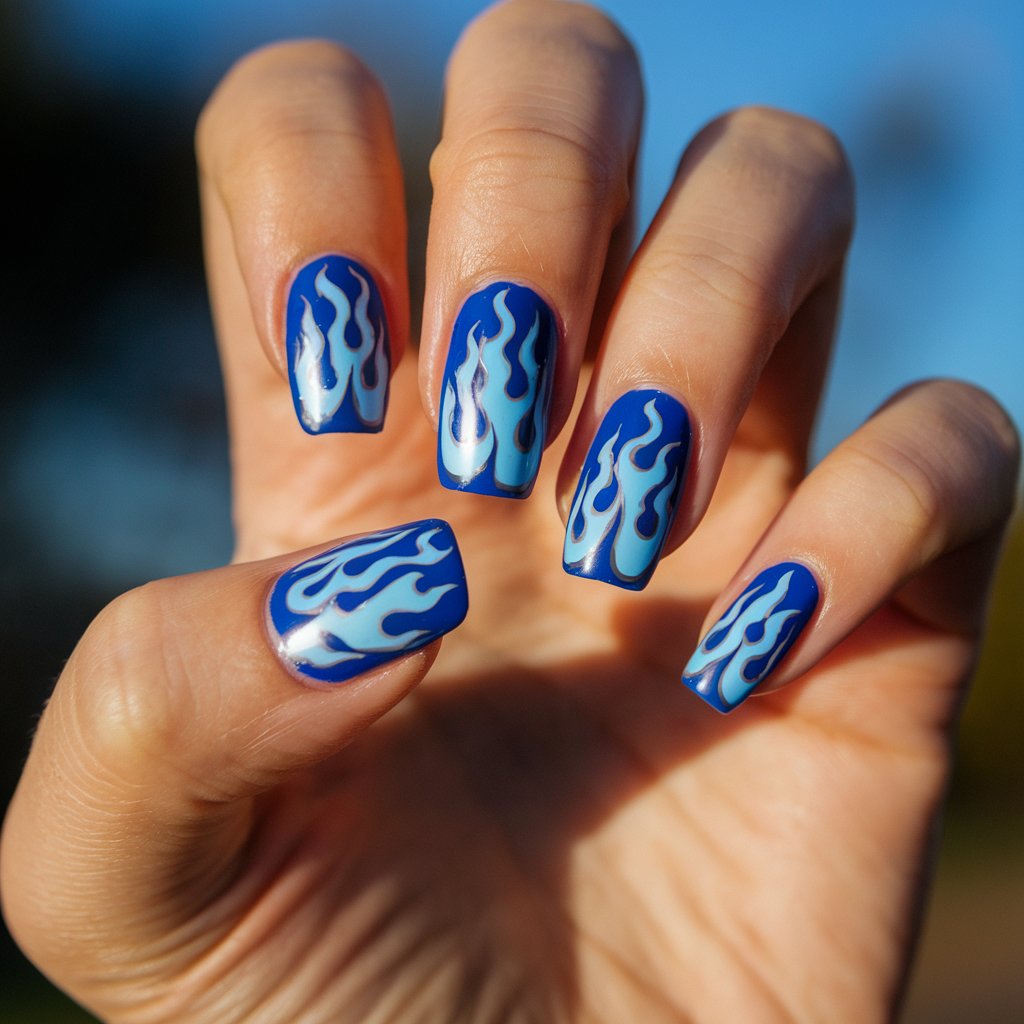 A close-up shot of a woman's hand with five fingers painted with electric blue polish and intricate blue flame designs outlined in white. Each nail features a unique flickering flame pattern that glows under natural bright outdoor evening sunlight. The background is blurry. The hand is in a relaxed pose, with fingers spread slightly to maximize the visibility of the artwork. The glowing skin and sharp design create a fierce, edgy aesthetic that demands attention. The nails are ballerina-shaped.