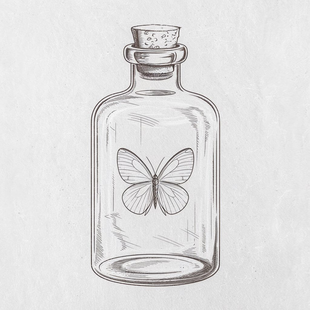 A minimalist, plain white background pencil drawing illustration of a butterfly enclosed in a vintage-style glass bottle. The butterfly is drawn in a simplistic style with spread wings and thin legs resting on the inner surface. The bottle is cylindrical, with a rounded base and a cork top sketched with soft curves and faint texture. Light reflections are subtly suggested by gentle streaks on the glass. The butterfly’s wings remain lightly detailed, emphasizing the confinement and dreamlike quality of the scene without excessive visual noise.
