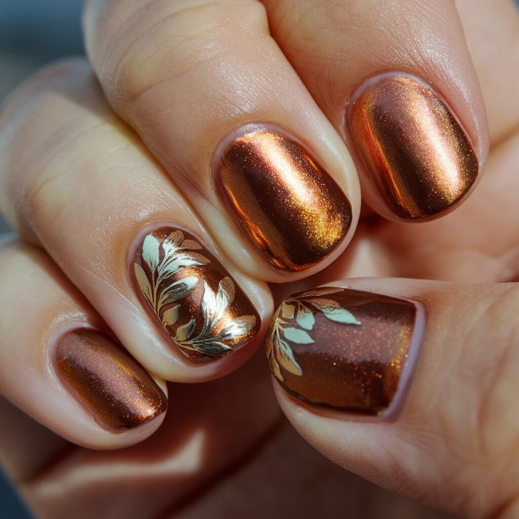 A close-up shot of a well-moisturized oily woman's hand with five fingers painted in rich bronze cat eye polish. The magnetic shimmer runs diagonally across each nail, reflecting amber and copper tones. One accent nail is decorated with delicate gold foil leaves, adding a luxe autumnal touch. The hand appears in a relaxed pose, fingers gently curled. The background is a natural bright sunlight outdoor evening street, with a blurry background.