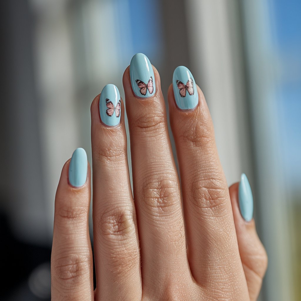 A photo of a woman's hand with five pastel blue nails adorned with dainty butterfly decals. The hand is well-moisturized and has an oily sheen. The nails are placed on a single finger. The background is blurry and contains a window with natural bright sunlight.
