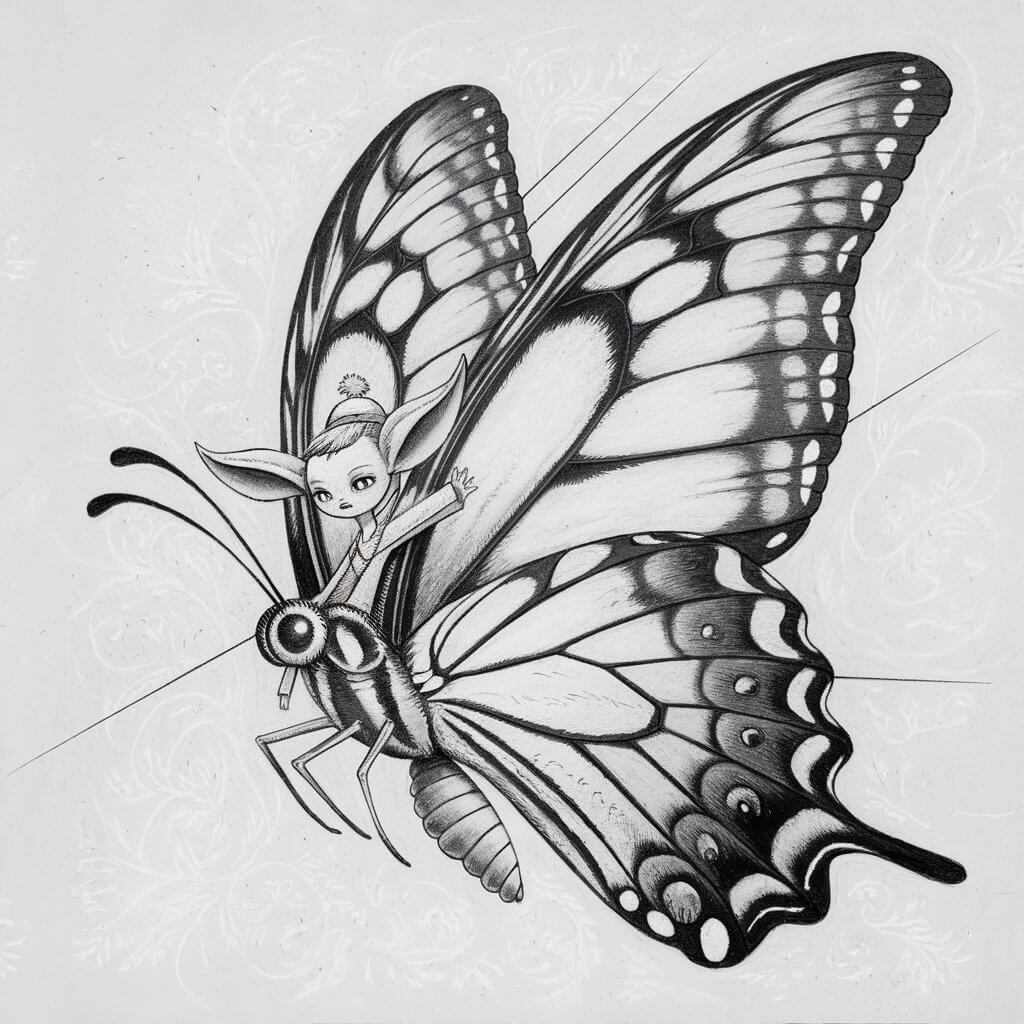 A minimalist pencil drawing of a giant butterfly being ridden by a small fantasy creature. The butterfly has large, expressive eyes and intricate patterns on its wings. The fantasy creature has a small body, large ears, and is wearing a tiny hat. Both the butterfly and the creature are drawn with graceful lines. The background is plain white.