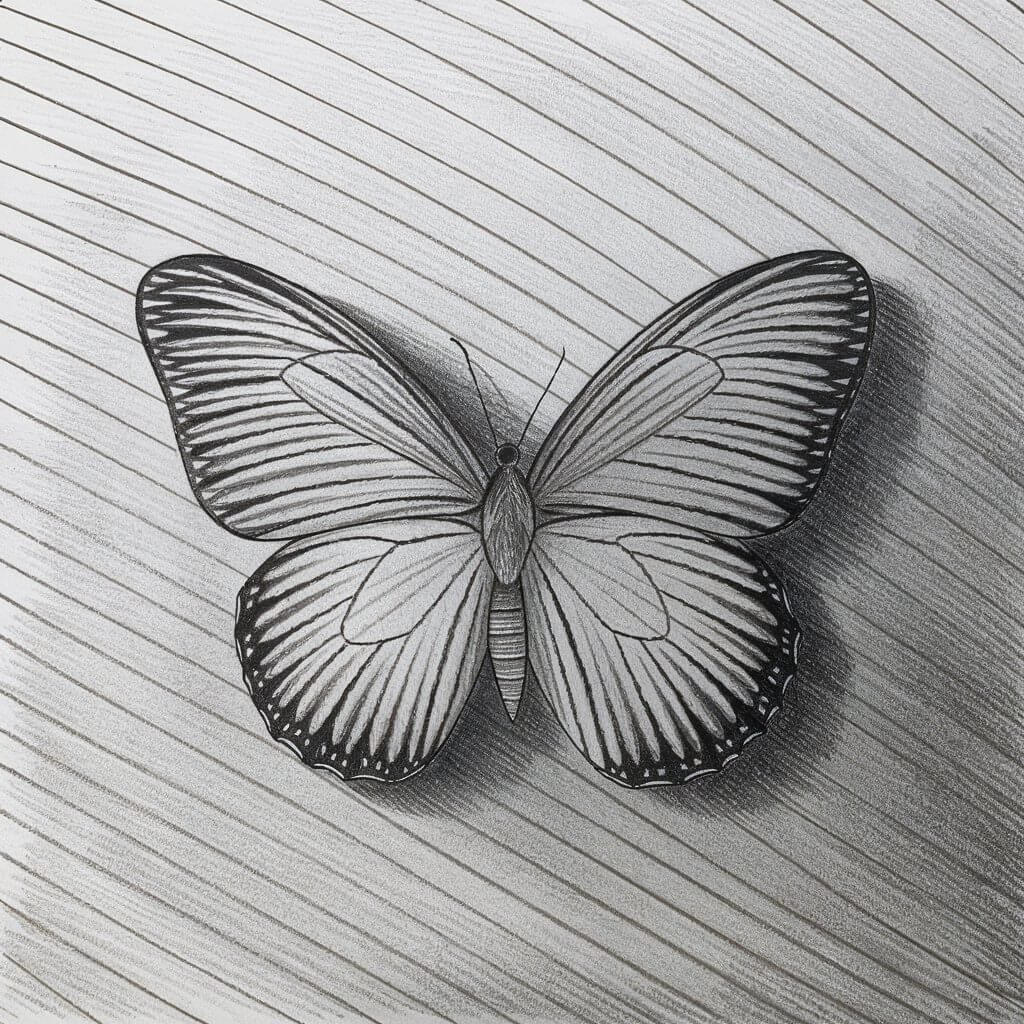 A minimalist pencil drawing of a butterfly camouflaged on a textured leaf, drawn in a simplistic style. The butterfly's wings mimic the leaf's veining, with parallel lines and subtle outlines blending seamlessly into the background. The leaf's surface is gently shaded with faint lines running lengthwise. The background is a plain white background.