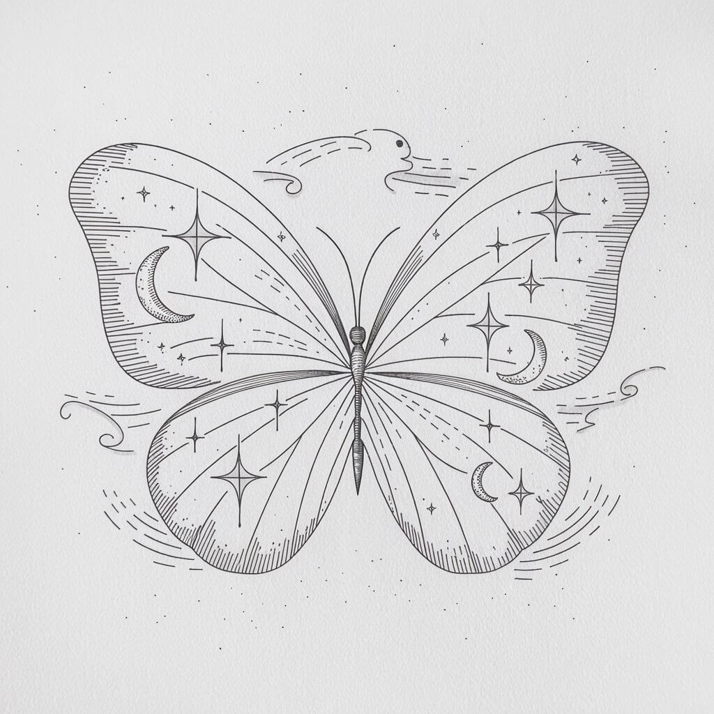 A minimalist, plain white background pencil drawing illustration of a butterfly whose wings are filled with celestial elements like stars, crescent moons, and swirling clouds. Drawn in a simplistic style, the stars are depicted with clean five-pointed shapes and tiny dots scattered throughout each wing. Light spiral lines represent subtle cosmic winds, while the moons are crescent-shaped with faint textural dots. The butterfly’s body is cleanly outlined, its antennae curved slightly upward. Shading is minimal but strategically placed to hint at depth, maintaining the overall clarity and balance of the piece.
