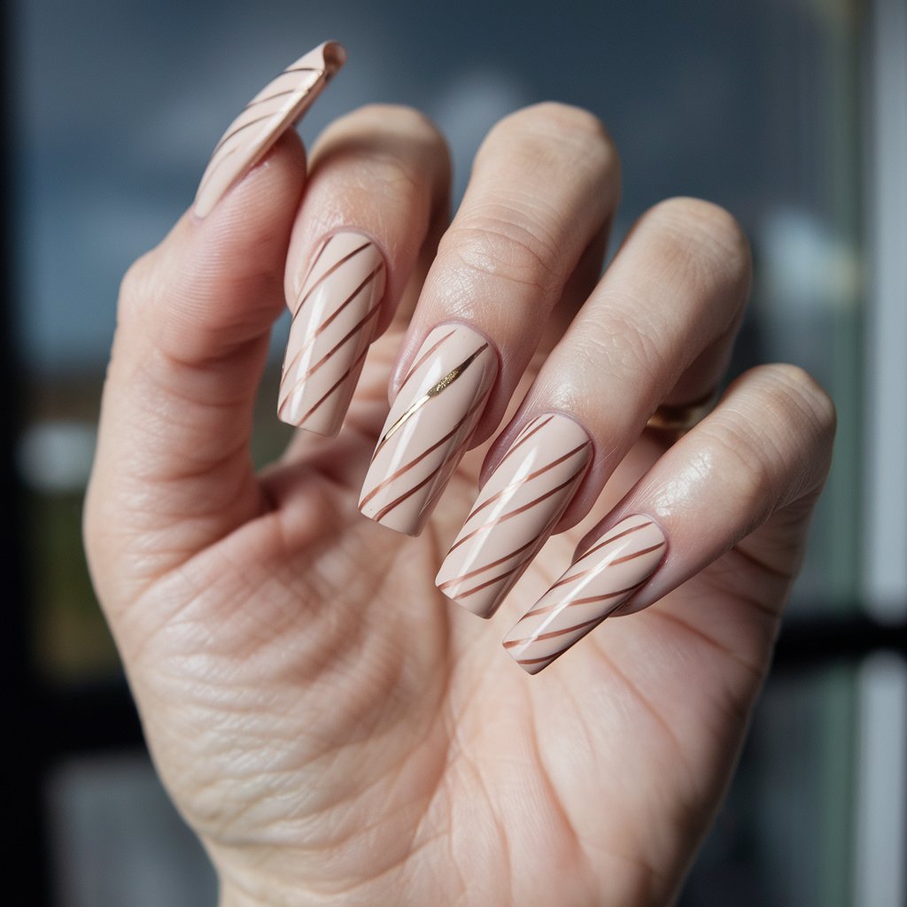 A photo of a woman's hand with long, beige nails. Each nail has thin, diagonal, cinnamon-brown stripes. One nail has a subtle gold metallic line. The nails are in a ballerina, squared, and neat style. The hand is held in a relaxed pose. The background is blurry and contains a window. The skin of the hand is very shiny due to oil.