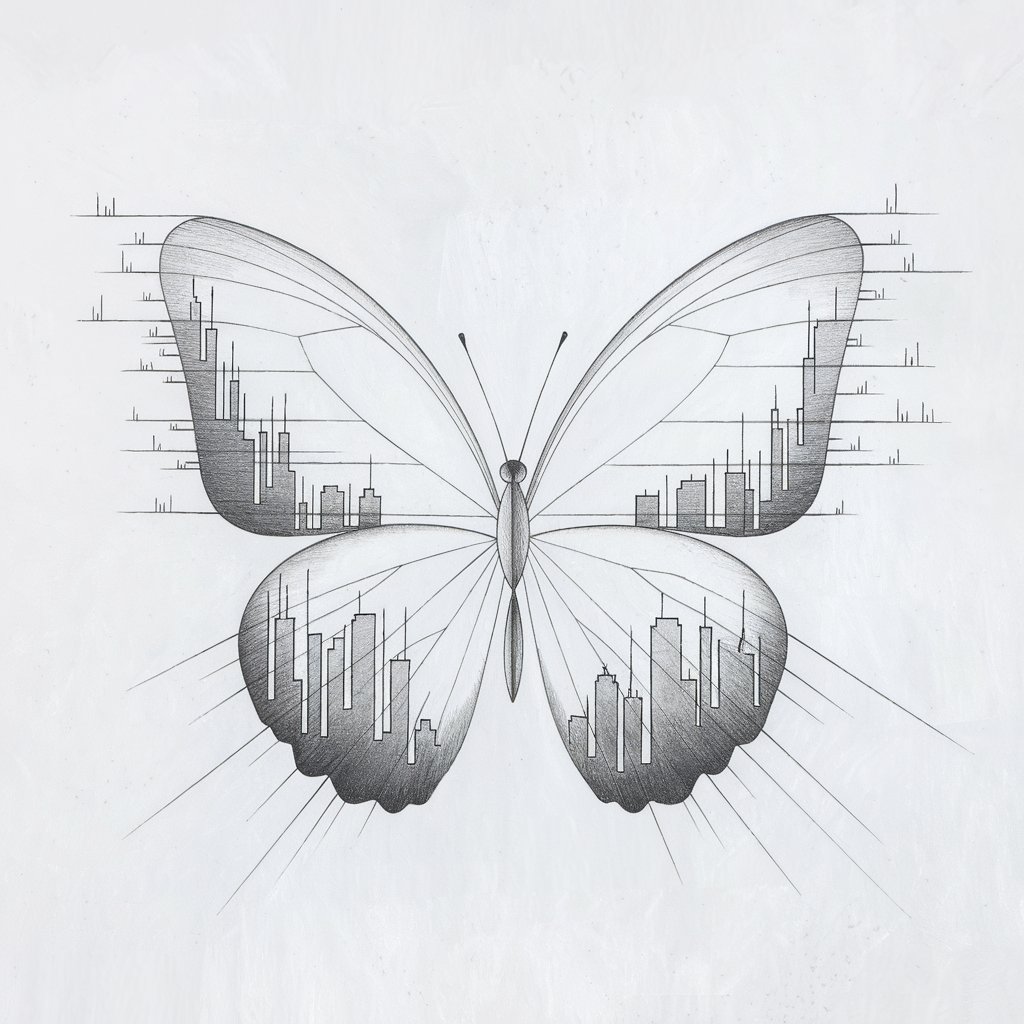 A minimalist, plain white background pencil drawing illustration of a butterfly with city skyline patterns embedded in its wings. The butterfly is drawn in a simplistic style, with clean, rectangular outlines suggesting skyscrapers and rooftop silhouettes stretching across each wing. The buildings are subtly varied in height, with thin antenna-like streetlights and tiny window marks. The butterfly's body is lightly shaded, slim, and centered between the urban designs. The overall contrast of geometric city elements with natural curves creates a unique, structured yet delicate composition.