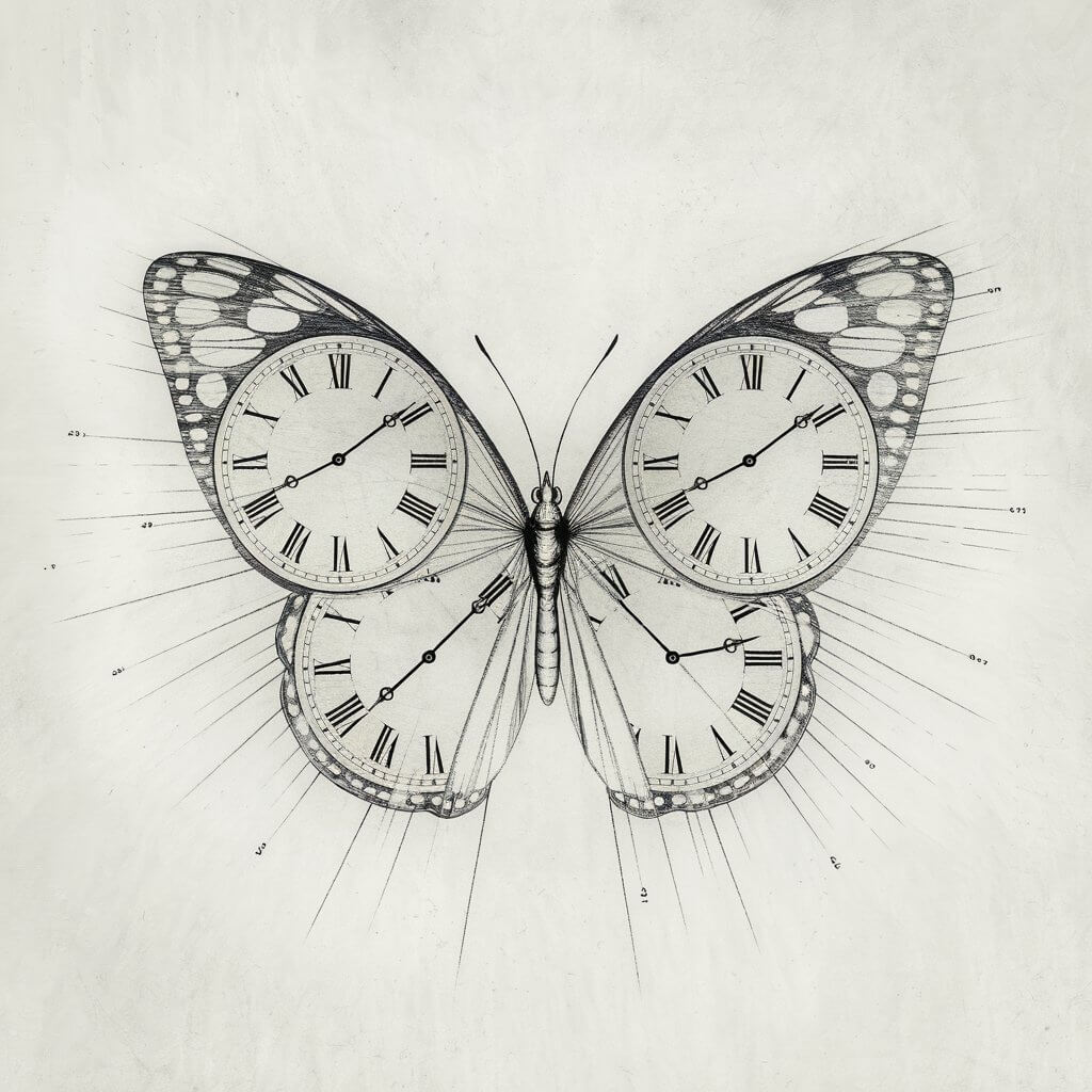 A minimalist, plain white background pencil drawing illustration of a butterfly with vintage clock faces embedded in its wings. The butterfly has a slender body and the vintage clocks on its wings have Roman numerals and tiny hand indicators. The outlines are clean and evenly spaced, and faint radial lines suggest ticking motion. The gears around the clock edges are subtly hinted at with tiny jagged marks, blending time and nature in an elegant, minimal form.