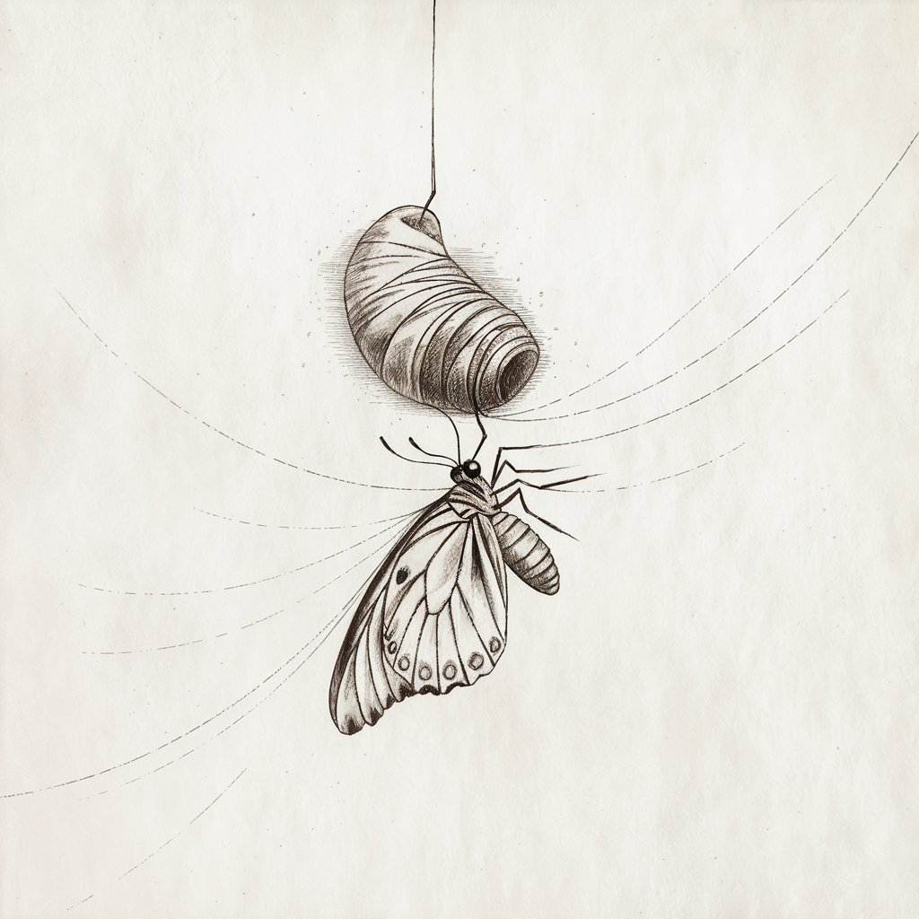 A minimalist, plain white background pencil drawing illustration of a butterfly emerging from a hanging cocoon. The cocoon dangles from a thin line, and there is soft shading around the cocoon. The butterfly's wings are crumpled and still curled, showing early signs of expansion. Its body appears wet and fragile. The scene captures transformation in real-time, with fine lines suggesting vulnerability and new beginnings.