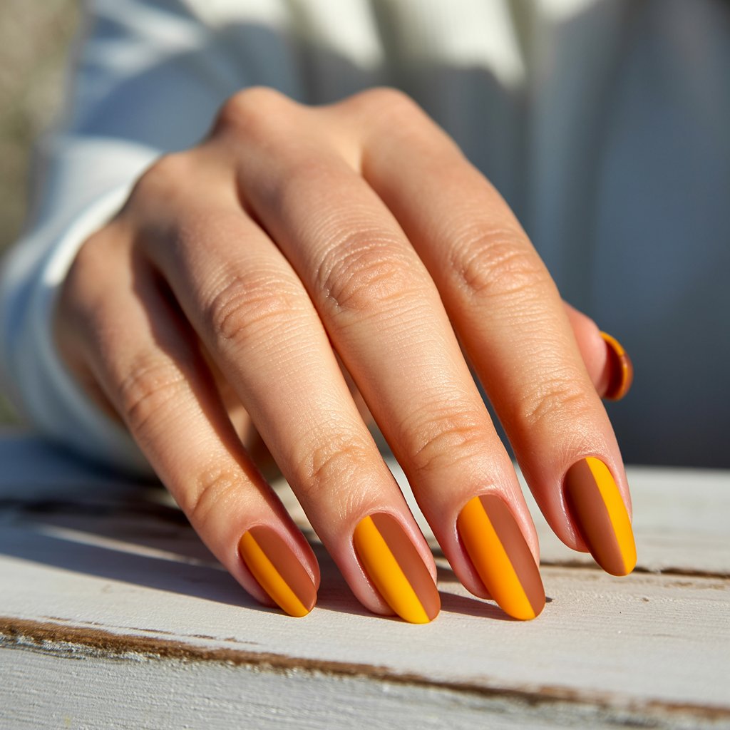 A photograph of a woman's hand resting gently on a light-colored wooden surface, showcasing her five fingers adorned with striking color-blocking. Each nail is sculpted into a long stiletto shape with a smooth matte finish and boldly features diagonal blocks of rich butternut squash orange and caramel brown, creating a crisp, modern aesthetic. The skin appears well-moisturized and subtly oily, catching the natural light of the outdoors. Soft, diffused sunlight creates a shallow depth of field with a blurry background, highlighting the nails and enhancing the color contrast.