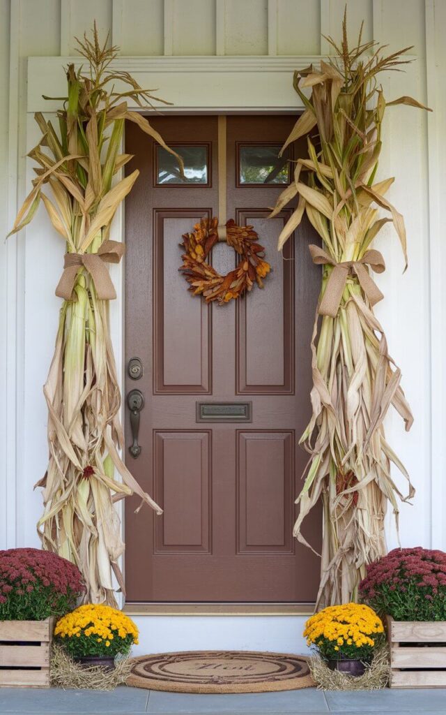 A photo of a well-designed door in muted chestnut brown, dramatically flanked by tall, golden cornstalks tied with burlap ribbons. These towering natural elements create a rustic, farm-to-door feeling that screams fall. The cornstalks stand upright in wooden crates, accompanied by mums and small hay bundles at the base, creating depth and texture. The door features an antique bronze handle and keyhole, subtly weathered for character. Above, a small seasonal wreath completes the vertical symmetry. The entry is very well decorated, evoking a sense of tradition and harvest. This striking scene feels like a snapshot from a countryside farmhouse, thoughtfully styled for a fall welcome.