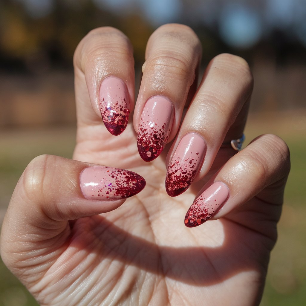 A photo of a well-moisturized oily woman's single hand with five fingers. The nails have a glossy nude-pink base that gradually fades into rich cranberry glitter tips. The glitter is ultra-fine and densely packed near the tips, then softly dispersed. The nails are almond-shaped and luminous. The hand rests in a relaxed pose, fingers loosely fanned to capture the glistening ombré effect. The background is a natural bright outdoor setting with a blurry background. These thanksgiving nails radiate holiday cheer with an elegant, festive flair.