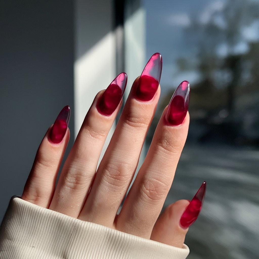 A photo of a woman's hand with long, high-gloss stiletto nails. The nails are painted with a semi-sheer, juicy cranberry red polish that gives a translucent, jelly-like effect. The woman's hand is relaxed, with fingers gently fanned. The background is a blurry outdoor scene with a bright window. The nails have a glassy texture and a deep berry tint.