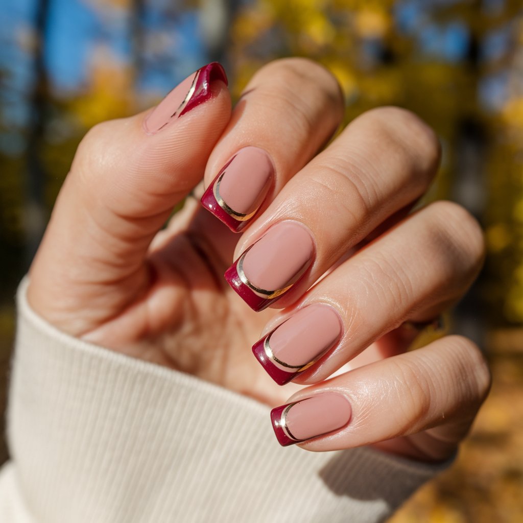 A close-up shot of a woman's hand with modern French tips on her nails. The nails are a deep cranberry hue and are outlined in gold foil. The base of each nail is a soft blush nude shade with a glossy finish. The nails are well-moisturized and have a shiny appearance. The hand is positioned in a relaxed pose with slight finger separation. The background is a blur of a fall forest with bright outdoor sunlight.