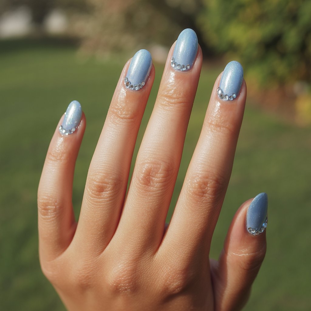A close-up photograph showcasing a woman's hand, elegantly posed against a softly blurred outdoor backdrop of lush greenery. Each of the five fingers is adorned with a frosty ice blue nail polish, subtly shimmering in the bright sunlight, and embellished with tiny crystal accents clustered near the cuticles, creating a sparkling frost-like effect. The hand’s skin glows with a healthy sheen, highlighting the polish and crystals as the natural light catches their facets. A single dewdrop delicately rests on one crystal, enhancing the ethereal and graceful quality of the scene.