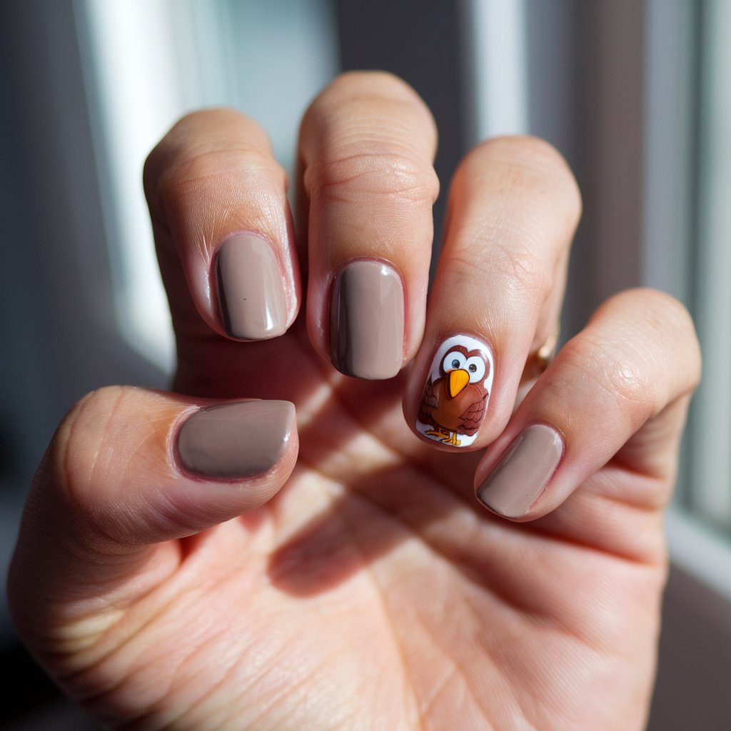 A photo of a well-moisturized oily woman's hand with a cartoon turkey design on the middle finger. The hand has five fingers, four of which are painted in neutral taupe. The turkey design features tiny eyes, feathers in rich autumn tones, and a cute orange beak. The hand is set in a relaxed pose, with the fingers slightly curving inward. The background is blurry and contains natural bright sunlight from a window. The overall image has a playful nail art and is perfect for a Thanksgiving celebration.