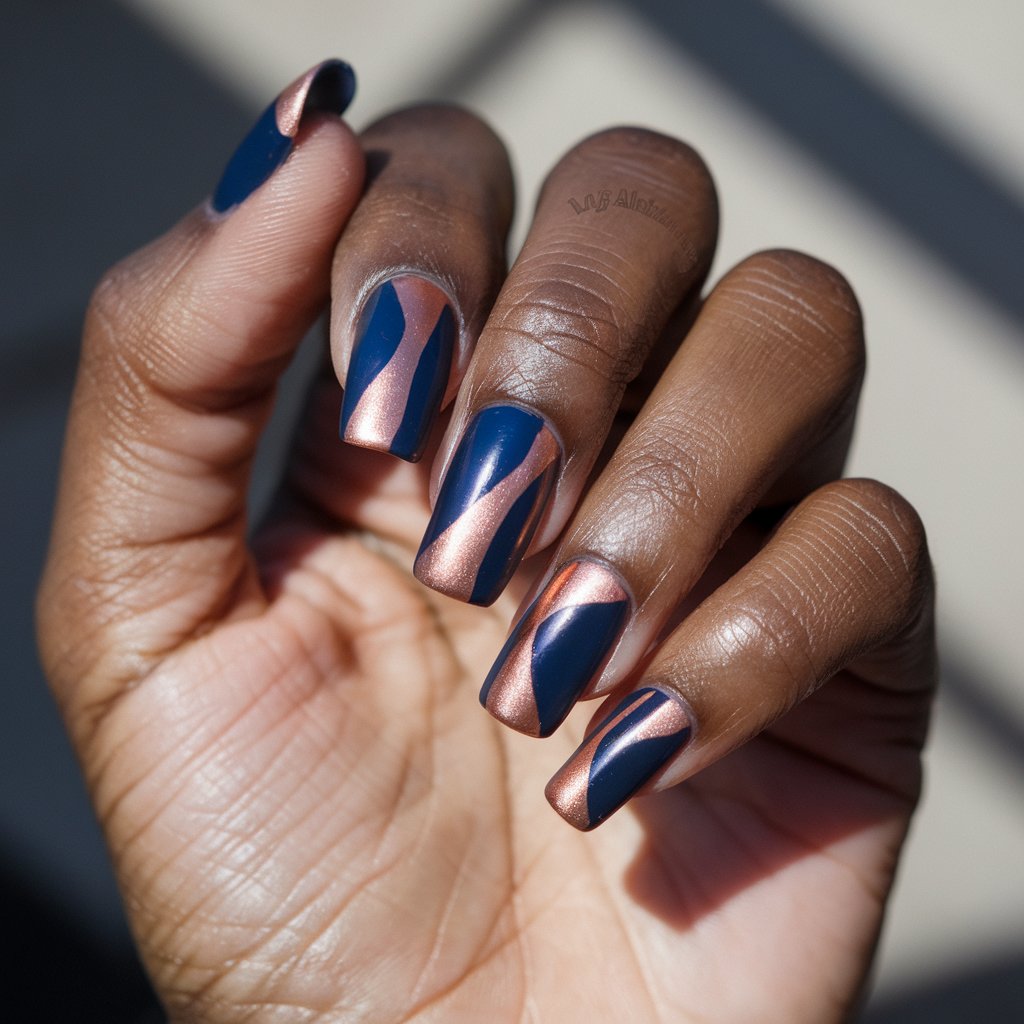 A photo of a well-moisturized oily black woman's single hand, wearing bold dual-tone cat eye nails. Each nail is vertically split between two contrasting shades - navy and copper - intersected by a sleek magnetic shimmer that flows smoothly across the divide. The finish is sharp, graphic, and artsy. The hand is relaxed, fingers gently splayed to showcase the split design. Natural bright sunlight outdoor blurry background enhances the contrast and shimmer, while the dewy, well-cared-for skin adds a polished backdrop to this high-fashion nail look.