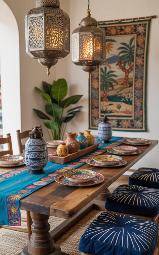 A photograph of a beautifully decorated dining room, overflowing with international flair and global accents. A reclaimed wood table takes center stage, adorned with vibrant Indian block-printed placemats and layered with Guatemalan runners, and a centerpiece featuring a collection of Turkish ceramics and hand-painted dishes. Above the table, intricate Moroccan lanterns cast dappled shadows on the indigo shibori cushions of the handwoven African stools, while a Peruvian tapestry hangs on the wall, depicting "a vibrant Andean scene". Soft, warm lighting highlights the room's harmonious blend of textures, colors, and stories, creating a soulful and inviting space.