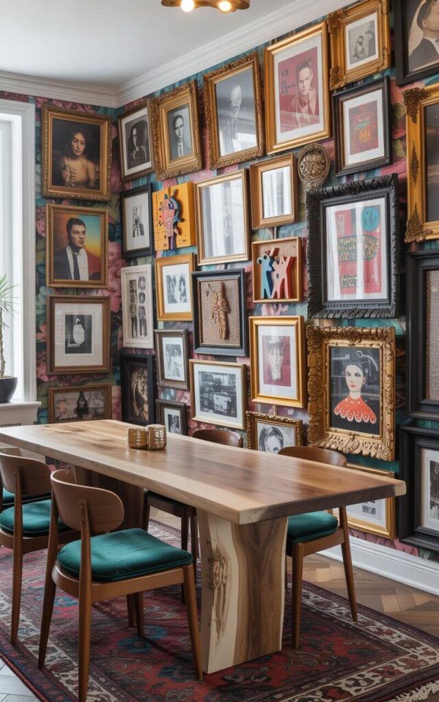 A photograph of an eclectic dining room, with the primary focus on a vibrant gallery wall stretching from floor to ceiling. The wall showcases a curated mix of framed vintage portraits, bold modern abstract prints, folk art pieces, and quirky 3D installations within ornate gold, modern black, and mismatched wooden frames, creating a chaotic yet harmonious display. Below the gallery wall sits a rectangular dining table with distressed wooden legs and a striking live-edge walnut top, accented by four cushioned velvet chairs in deep emerald and sapphire tones, while a patterned Persian rug lies beneath. Soft natural light streams in from a nearby window, illuminating the playful arrangement and the bold floral wallpaper behind the frames.