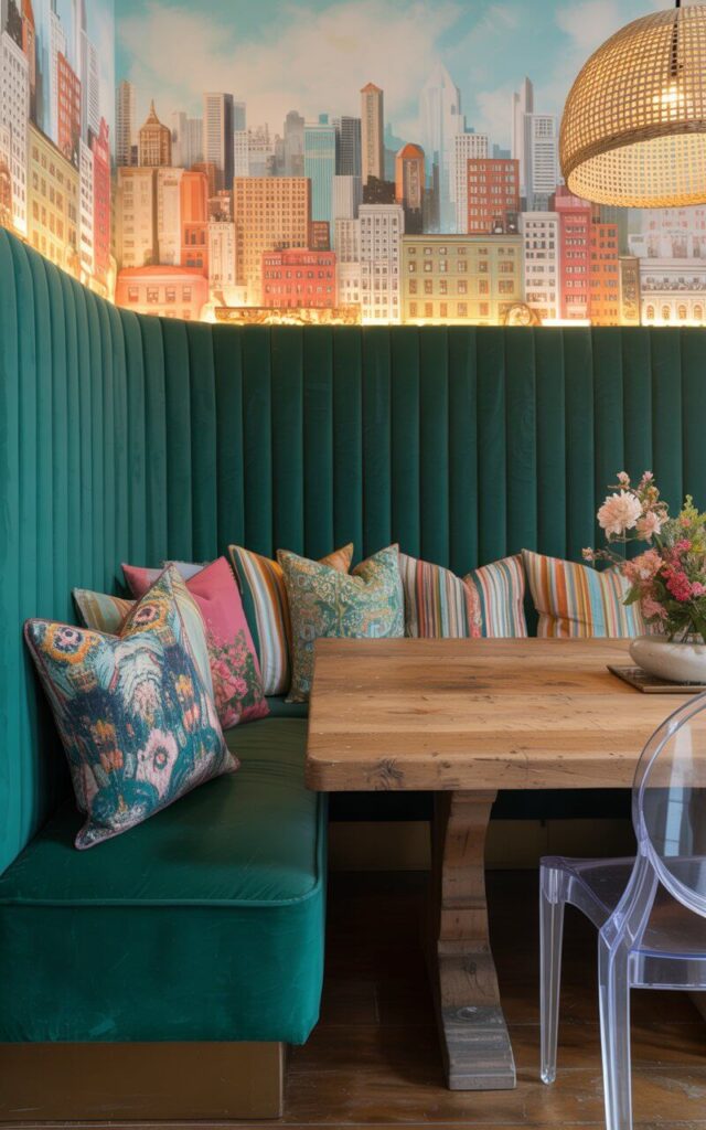 A photograph of an eclectic dining room with a custom-built emerald green velvet banquette as the central focus. The banquette hugs one side of a reclaimed pine table, adorned with a collection of patterned throw pillows—ikat, florals, and stripes—that add visual interest and comfort, and clear acrylic chairs sit opposite. Behind the chairs is a mural-like wallpaper depicting a vibrant cityscape, illuminated by a vintage rattan pendant light overhead, creating a stylish and lived-in atmosphere. Soft, warm lighting highlights the room’s layered textures and curated wall art.