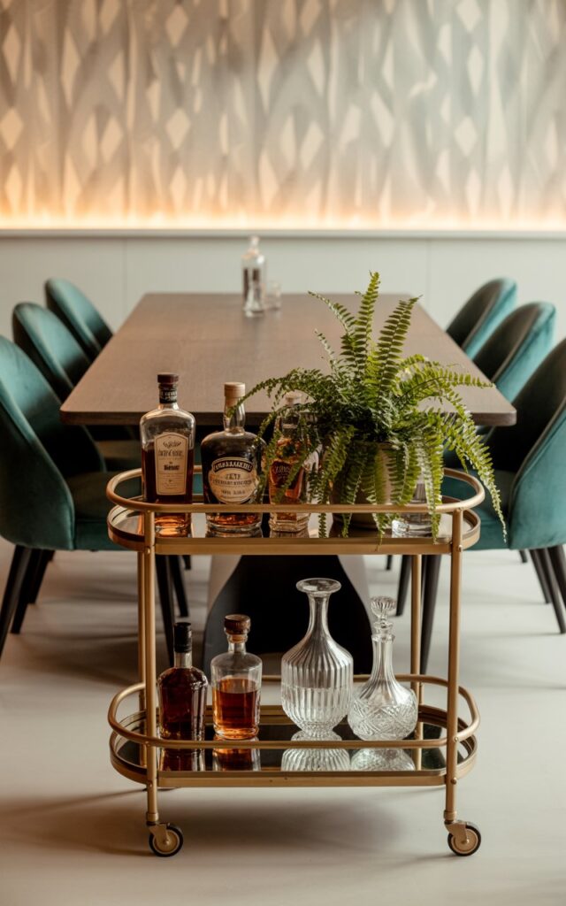 A photograph showcases a gleaming brass-framed bar cart as its central focus, set against the backdrop of a stylish dining room. The cart is meticulously arranged with vintage liquor bottles displaying rich amber tones, elegant crystal decanters filled with a clear liquid, and a vibrant potted Boston fern spilling over the edge. Beside the cart, a modern rectangular wooden table is surrounded by mid-century chairs upholstered in deep teal velvet, subtly illuminated by a warm, diffused light emanating from hidden fixtures. The background features a subtly textured wallpaper with a geometric pattern in soft greys and creams, creating a sophisticated and playfully stylish ambiance.