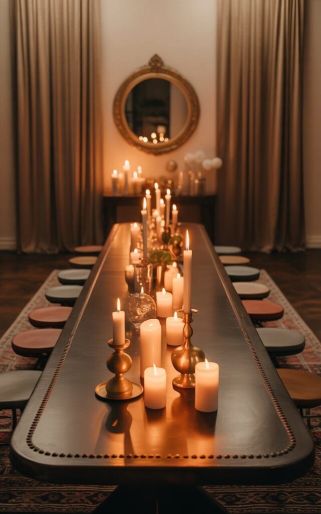 A photograph of a long, elegantly set dining table bathed in the warm glow of candlelight. Numerous candles in brass, ceramic, and glass holders are scattered down the table’s center, reflecting off metallic accents and a large ornate mirror hung on the wall behind. Velvet curtains frame the room, and layered rugs soften the polished wood floor, creating a cozy and intimate atmosphere; the table itself has a matte charcoal finish with beveled edges. Soft, diffused lighting from the candles illuminates the scene, emphasizing the soulful ambiance and highlighting the meticulous decor of the eclectic dining room.