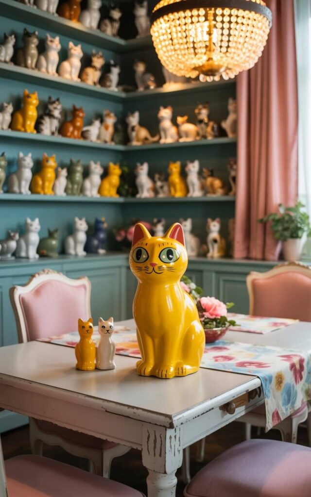 A photograph showcases a vibrant, eclectic dining room dominated by a whimsical wall-to-wall display of vintage ceramic cats. A single, particularly charming cat with a bright yellow coat and oversized green eyes sits prominently on the whitewashed oak table, acting as a quirky centerpiece alongside salt and pepper shakers in the form of two matching felines. The table is elegantly set with a floral patterned tablecloth, while behind it, shelves overflow with cats of varying sizes and colors, illuminated by the warm glow of a beaded chandelier. Soft pastel-colored chairs and layered textiles complete the scene, imbuing the room with a playful and inviting atmosphere.