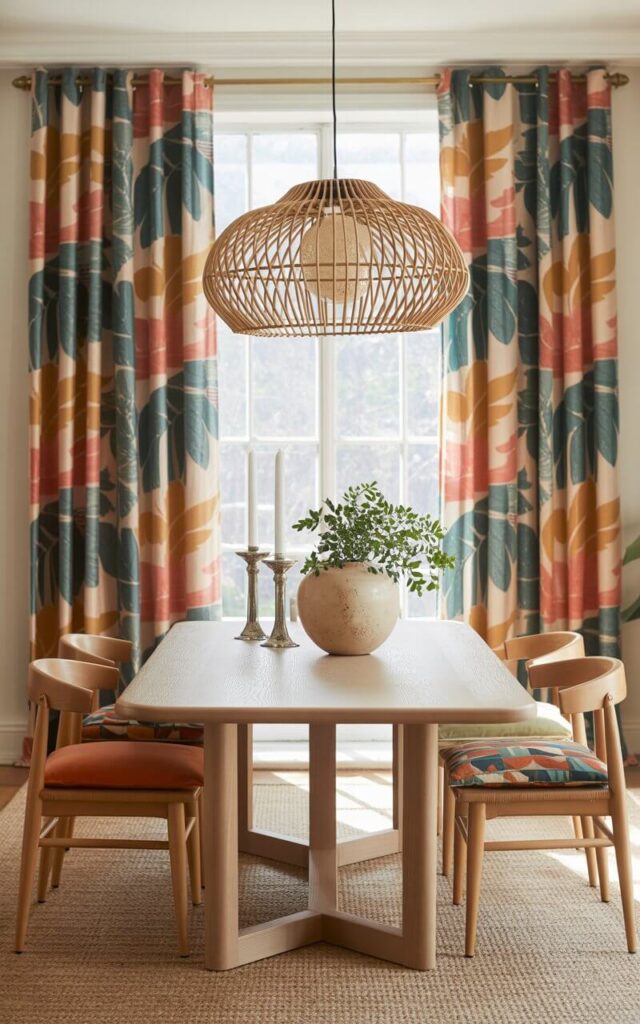 A photograph showcases a beautifully decorated eclectic dining room bathed in soft natural light. The room's centerpiece is a light ash dining table with rounded corners, set beneath a woven rattan pendant light. Floor-to-ceiling window curtains with a bold botanical print—oversized teal, coral, and mustard leaves—frame the scene and add vibrant color to the neutral walls. Subtle antique brass candlesticks and a scattering of vibrant patterned cushions complete the room's inviting atmosphere.