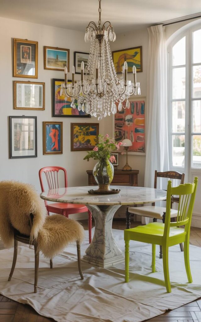 A photograph of a vibrant eclectic dining room centered around a stunning Italian marble table with intricately sculpted legs. The table is surrounded by mismatched flea-market chairs, one draped with a fluffy sheepskin and another playfully painted neon yellow, arranged around a pristine white linen tablecloth. Above, a luxurious crystal chandelier casts a warm glow on DIY wall art featuring framed vintage postcards and colorful abstract paintings. Soft, natural light streams through a large window, highlighting the room’s layered textures and the charming juxtaposition of high-end and thrifted elements.