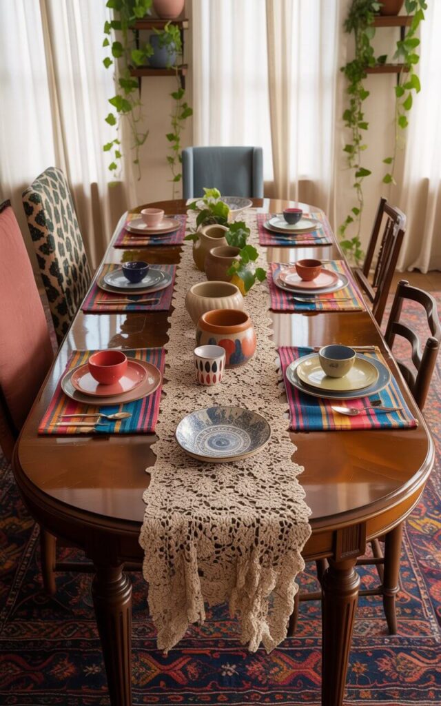 A photograph of a vibrant, bohemian dining room centered around a large, ornate table. The table’s glossy lacquered top is layered with a hand-printed runner and a delicate crocheted lace cloth, adorned with mismatched plates, cutlery, and colorful napkins displaying unique patterns. Surrounding the table are eclectic mix-and-match chairs, some covered in patterned slipcovers, while trailing ivy plants cascade from shelves and a richly textured rug anchors the space. Soft, natural light streams through sheer curtains, highlighting the handmade pottery and creating a warm, inviting atmosphere.