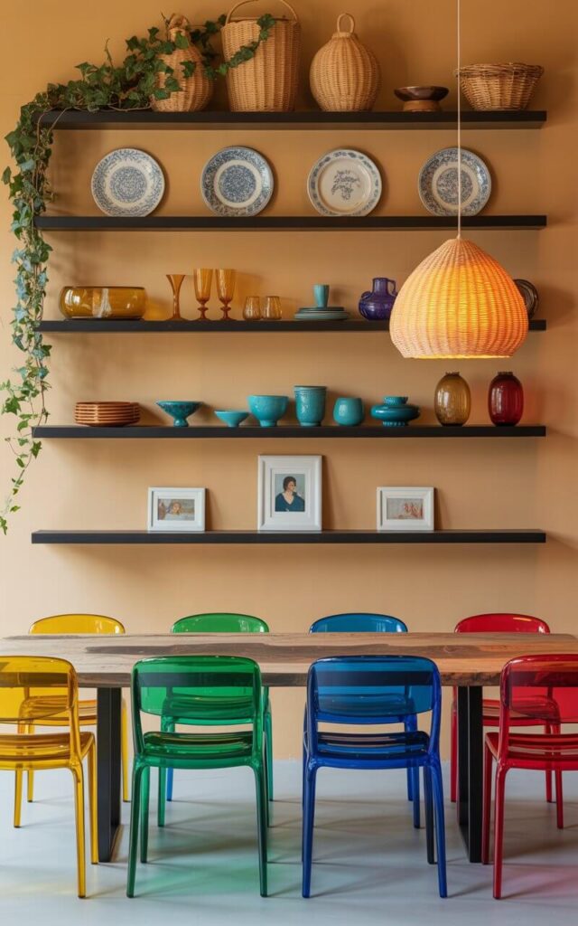 A photograph of a modern dining room featuring a striking open shelving display mounted on a warm, ochre-colored wall. The floating shelves showcase an artful arrangement of patterned plates, vintage amber glassware, vibrant turquoise ceramics, and three small framed miniature portraits, creating a curated visual story. Beneath the shelves, a minimalist table with a sleek black metal base and a rough-hewn walnut top is surrounded by six chairs in a spectrum of bright jewel tones – emerald green, sapphire blue, and ruby red – illuminated by the warm glow of a woven pendant lamp hanging above. Trailing ivy and a collection of woven baskets add a touch of natural texture and understated elegance to the airy and well-decorated space.