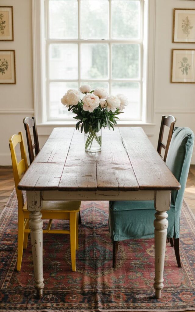 A photograph of a stately, antique farmhouse table dominating a bright and airy dining room. The table's surface is a patchwork of warm browns and greys, displaying the deep grain of the wood and faint water rings, with a single vase of white peonies centered on its surface. Surrounding the table are four mismatched chairs—one painted a cheerful yellow, another upholstered in a plush teal velvet—arranged casually, while a vintage Persian rug featuring faded floral patterns lies beneath. Soft, natural light streams in through a large window, illuminating the room and casting gentle shadows across the walls adorned with framed botanical prints.