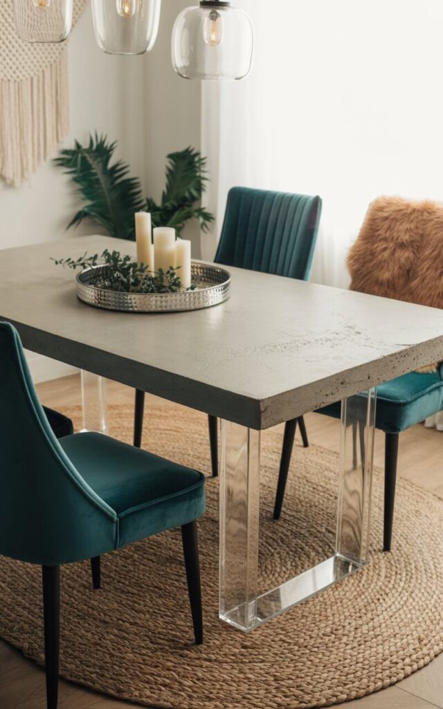 A photograph of a dining room showcasing a textured, eclectic design. A rectangular table with a rough concrete top and transparent lucite legs takes center stage, surrounded by four plush velvet dining chairs in a deep teal color. A braided jute rug grounds the space, while a woven macramé wall hanging and a faux fur throw draped over a chair add layers of warmth and visual interest; a hammered metal tray holds scattered candles and greenery. Soft, natural light streams through glass pendant lights overhead, illuminating the room's intentional contrast of materials and creating a contemporary, inviting atmosphere.