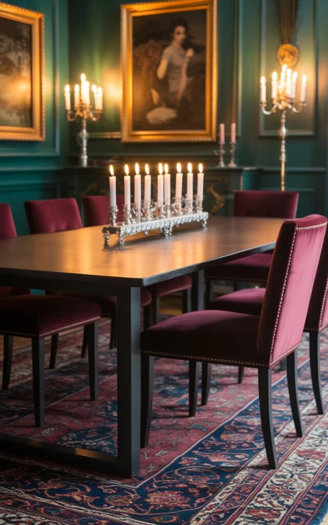 A photograph of a meticulously styled dining room, bathed in the warm glow of candlelight. A sleek matte black dining table sits centered in the frame, adorned with a delicate silver centerpiece holding several flickering candles. Burgundy velvet chairs with brass nailhead trim are neatly arranged around the table, while a richly patterned Persian rug anchors the space beneath, complemented by gold-framed artwork on the deep forest green walls. Soft, diffused light emanates from the sconces, casting subtle shadows and highlighting the room's luxurious, eclectic charm.