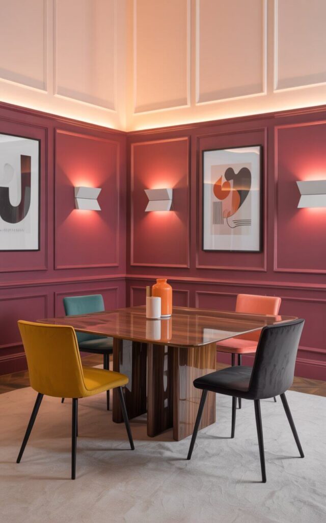 A photograph showcases a vibrant dining room defined by dramatic color blocking and a focus on a sleek dining table. The table, with a glossy walnut finish, is set with four mismatched chairs – one mustard yellow, one teal, one coral, and one charcoal gray – creating a playful and eclectic atmosphere. The walls are divided horizontally with a deep aubergine hue below and soft blush above, separated by a crisp white trim, while modern sconces and abstract graphic art adorn the walls, enhancing the room's artistic feel. Soft, diffused lighting gently illuminates the scene, highlighting the rich textures and bold color palette.