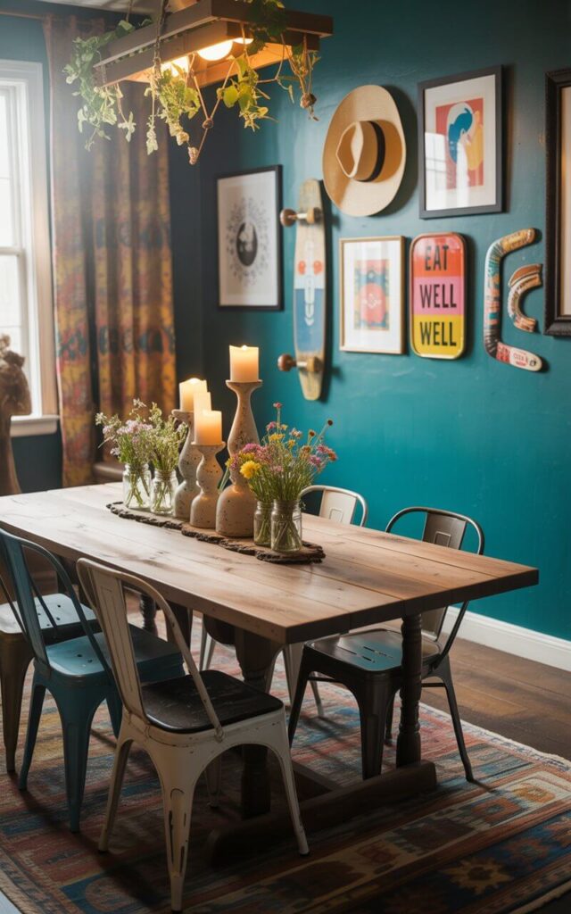 A photograph captures a vibrant dining room, centering on a reclaimed barn wood table adorned with a playful centerpiece of sculptural candleholders and wildflowers in mason jars. The table is surrounded by mismatched metal and upholstered chairs, positioned beneath a bold teal wall showcasing a curated collection of items including a sun hat arrangement, a vintage skateboard, colorful enamel signs displaying "EAT WELL LIVE WELL", and framed pop art. Layered rugs and patterned drapes add depth and texture to the room, while a ceiling-mounted macramé planter hangs above, softly illuminated by warm, diffused sunlight filtering through a nearby window. The overall scene embodies a carefree, expressive style with confident and eclectic flair.