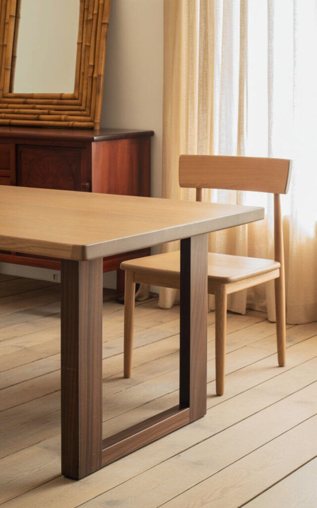 A photograph of a well-lit dining room showcasing a light oak table with dark walnut legs, set against a backdrop of wide-plank pine flooring. A single chair, crafted from raw wood with a simple, modern design, sits prominently at the table, facing the viewer and subtly reflecting the natural light. Behind the chair, a dark cherrywood sideboard adds depth to the scene, adorned with a carved frame and accented by a large bamboo mirror, creating a warm and inviting atmosphere. Soft linen curtains gently diffuse the incoming sunlight, enhancing the layered tones of the wood finishes throughout the room.