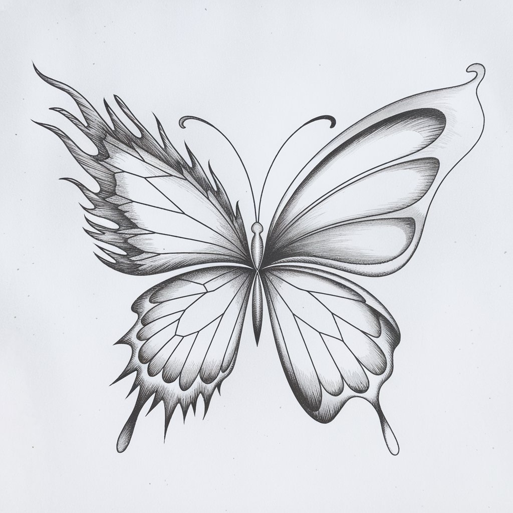 A minimalist, plain white background pencil drawing illustration of a butterfly split into opposing elemental themes. The left wing is made of sharp, flame-like lines with rough shading, while the right wing flows smoothly with ripple-like curves. Each half reflects contrasting textures—one jagged, the other soft. The butterfly's central body connects both halves and is lightly shaded. The antennae bend symmetrically, anchoring the composition. This design plays with visual balance, emphasizing harmony in contrast through simple yet symbolic elements.