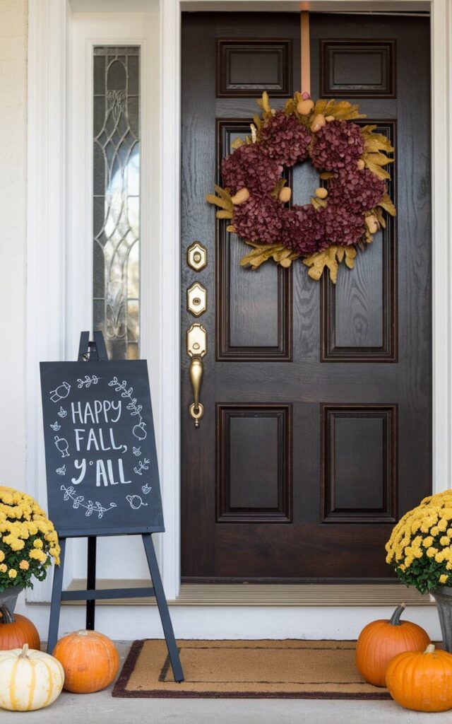 A photo of a dark mahogany well-designed door styled for fall. To the left of the door sits a small standing chalkboard easel that reads "Happy Fall, Y'all" in neat white lettering, framed by playful fall doodles like acorns and leaves. The door itself features a brass handle and keyhole, polished and gleaming. A wreath of burgundy hydrangeas and mustard foliage ties the entire look together. The very well decorated porch includes scattered pumpkins and a pair of potted mums. The chalkboard adds a personalized, homey touch, making this setup both interactive and warmly inviting.