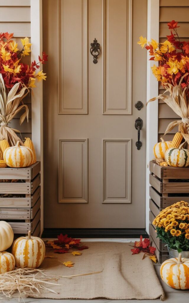 A photograph of a charming, creamy taupe door set against a backdrop of vibrant autumnal colors. The door features a dark metal handle and keyhole, and is framed by two stacked wooden crates overflowing with striped pumpkins, dried corn husks, and faux fall foliage. A burlap runner graces the porch floor, with loosely scattered hay and a display of golden mums adding to the rustic ambiance. Soft, diffused sunlight bathes the scene, creating a warm and inviting atmosphere.