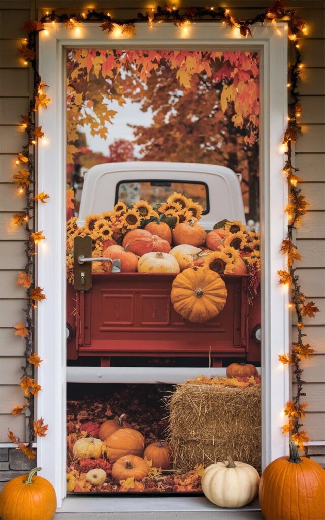 A photo of a front door with a full-door cover that transforms it into a picture-perfect fall postcard. The door now features a printed scene of a vintage red truck overflowing with pumpkins, sunflowers, and hay. The handle and keyhole are perfectly integrated into the design, blending naturally into the autumnal imagery. At the base, real pumpkins and a hay bale reinforce the illusion. The doorframe is outlined with twinkle-lit garlands, adding depth and glow. The overall scene is bold, whimsical, and undeniably fall—a total showstopper.